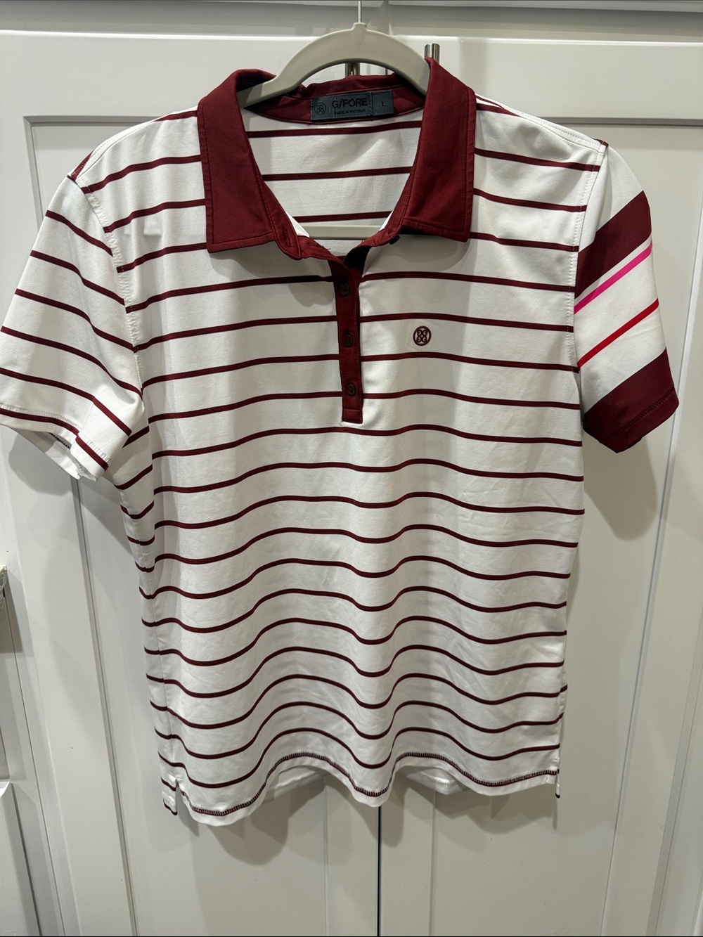 G/FORE White Polo with Maroon Stripes and Pink Accent